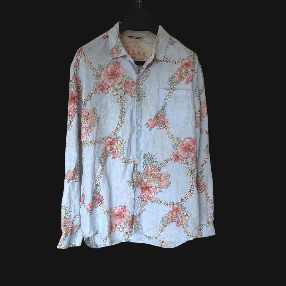 Tommy Bahama Relax Large Blue Floral Pineapple 100% Linen LS Button Shirt